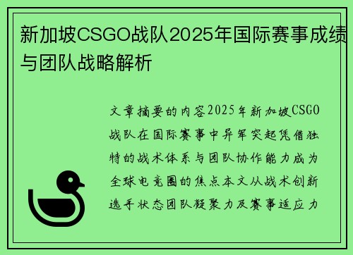 新加坡CSGO战队2025年国际赛事成绩与团队战略解析